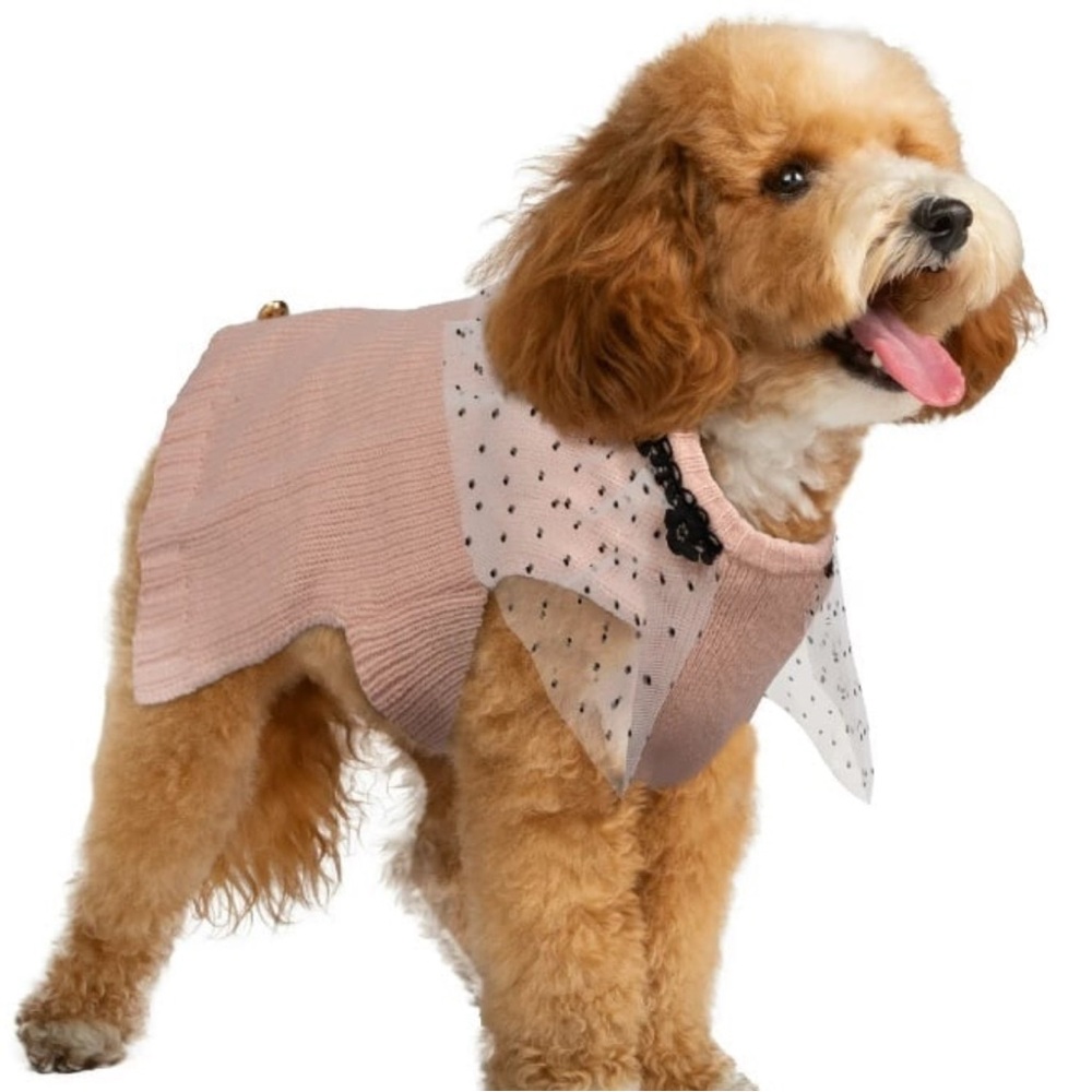 Pink Dog Tulle Sweater with Polka Dot Bow M